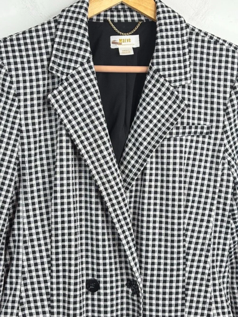 Maeve Anthropologie Long Blazer S Black White Gingham Oversized Double Breasted